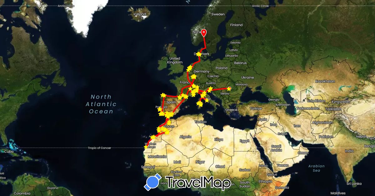 TravelMap itinerary: driving, bus, cycling, train, hiking, flight in Switzerland, Germany, Denmark, Spain, France, Gibraltar, Croatia, Italy, Luxembourg, Morocco, Netherlands, Portugal, Romania, Slovenia, Vatican City (Africa, Europe)
