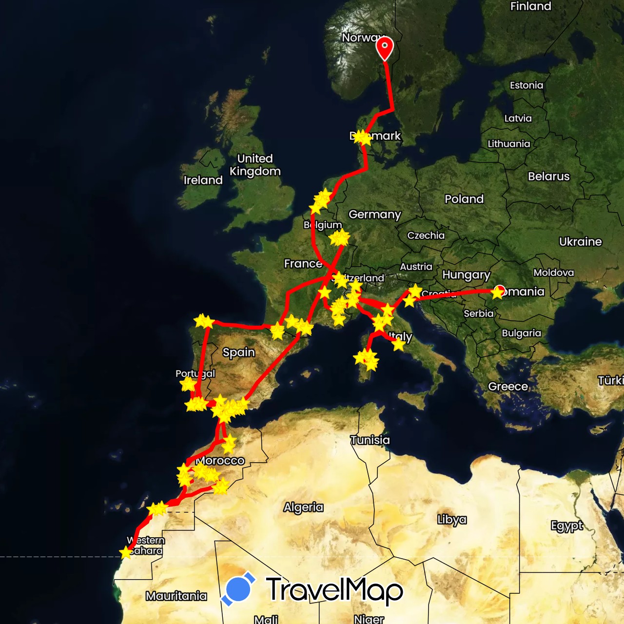 TravelMap itinerary: driving, bus, cycling, train, hiking, flight in Switzerland, Germany, Denmark, Spain, France, Gibraltar, Croatia, Italy, Luxembourg, Morocco, Netherlands, Norway, Portugal, Romania, Slovenia, Vatican City (Africa, Europe)